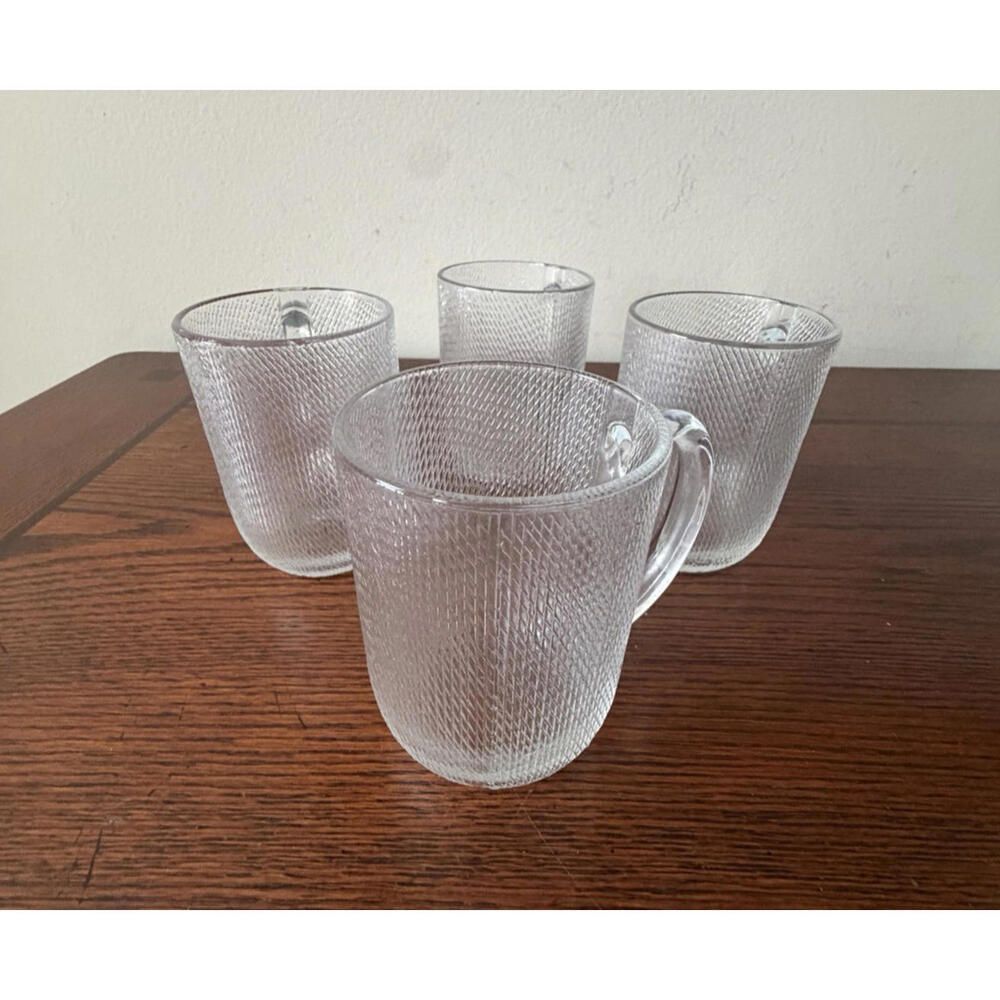 VTG Arcoroc Frosted Textured Glass Mugs Cups Set 4 Made In USA Retro Minimalist